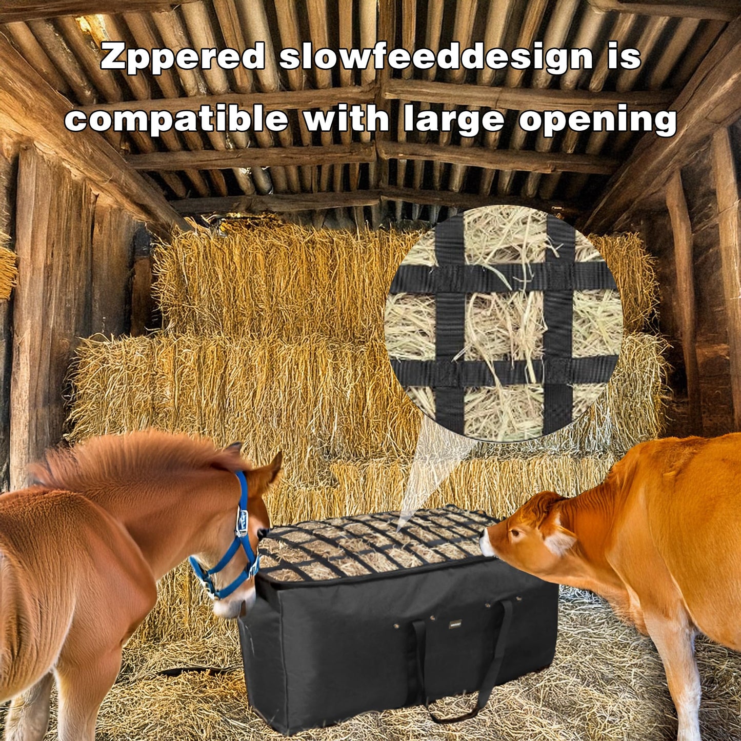 YUNPHDA Hay Bale Bag, 44x18x22inch Extra Large Hay Bag with Top Slow Feed Design for Horses Goats Sheep Donkey,Premium Oxford Heavy Duty Hay Bale Storage Bag for Barn Stable (Black)
