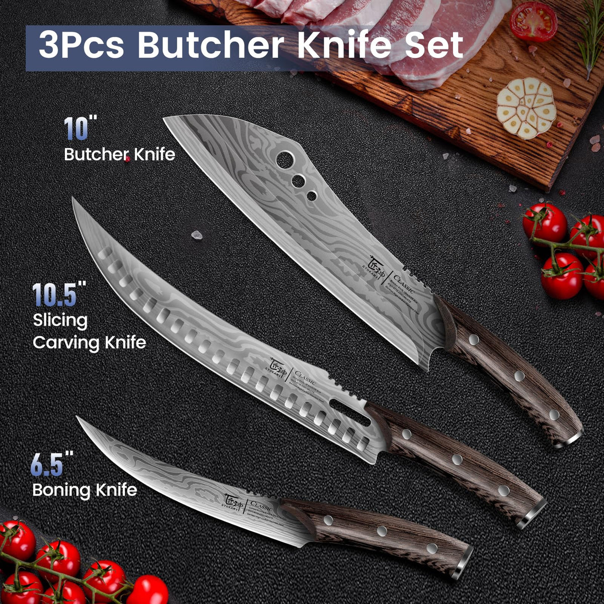SYOKAMI Butcher Knife Set, 3 PCS Kitchen Knife for Meat Cutting, Cleaver, Breaking & Boning Knife, Japanese Style High Carbon Steel Kitchen Knife for Chopping, Slicing, Deboning, House Warming Gifts