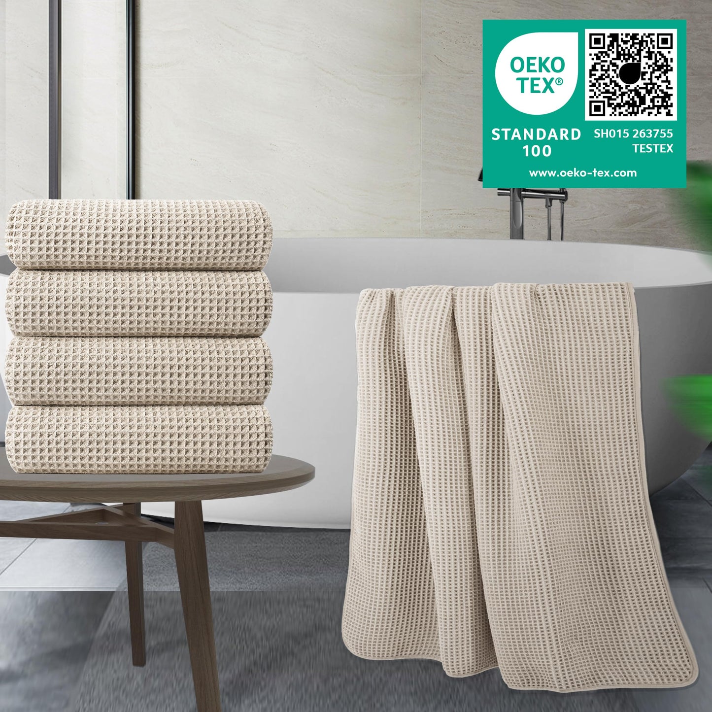 POLYTE 430 GSM Microfiber Oversize Quick Dry Lint Free Bath Towel, 60 x 30 in, 4 Pack (Waffle Weave)