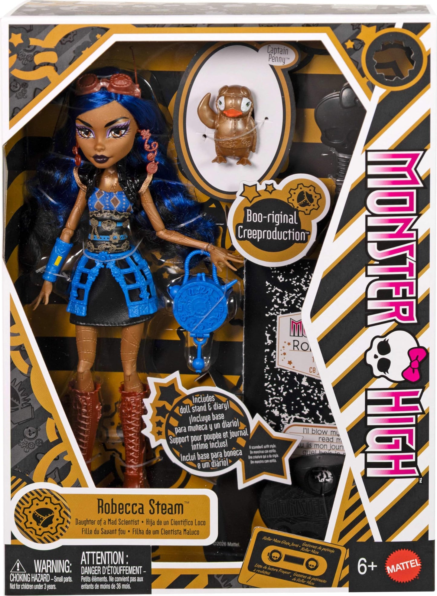 Monster High Boo-riginal Creeproduction Doll, Robecca Steam Collectible Reproduction with Doll Stand, Diary, and Pet Penguin Captain Penny