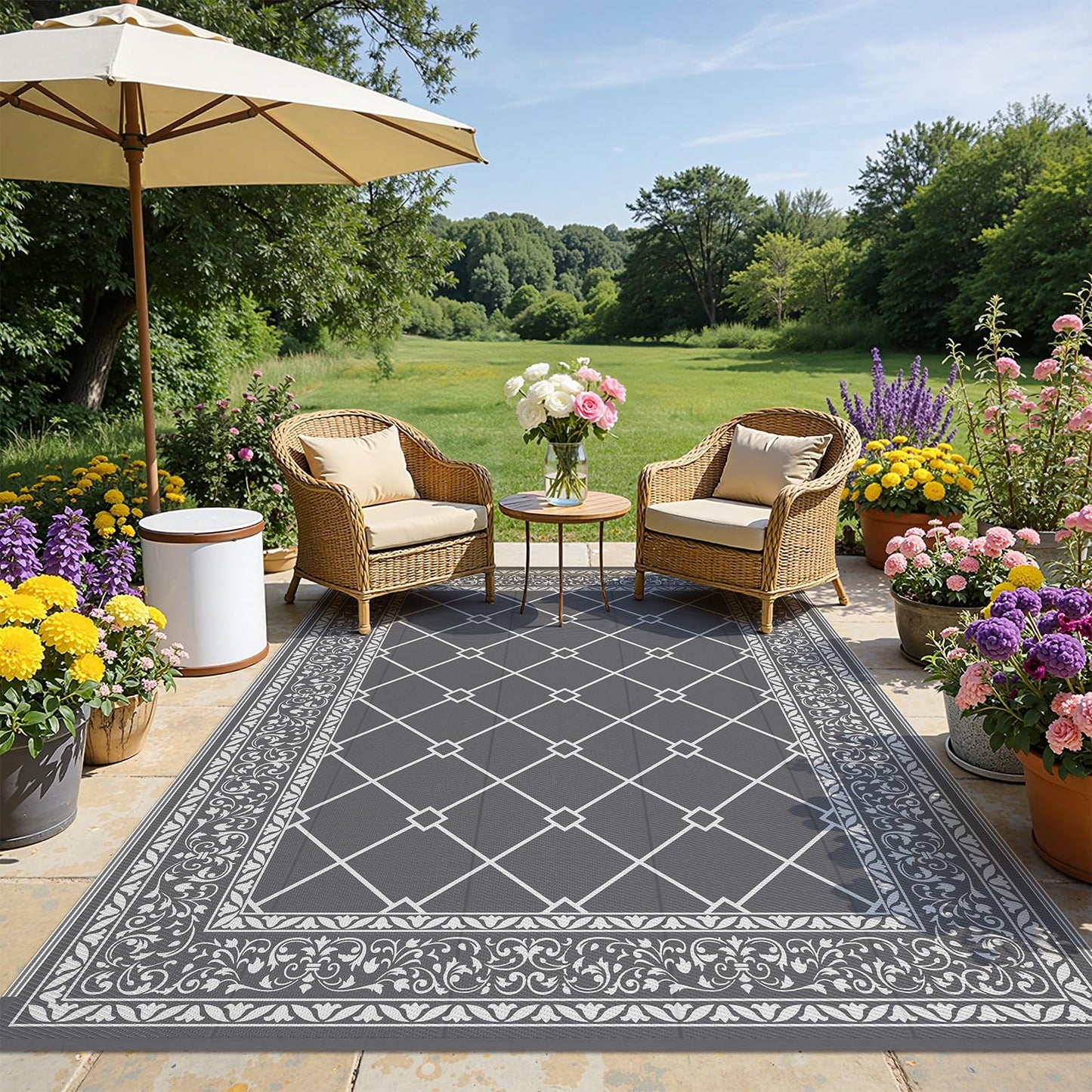 HEBE 5x8 Outdoor Rug Waterproof, Reversible Outdoor Area Rug, Portable Plastic Outside Rug Carpet, Geometric RV Camping Rug Mat for Patio Picnic Backyard Deck Balcony Porch Beach Trailer, Grey