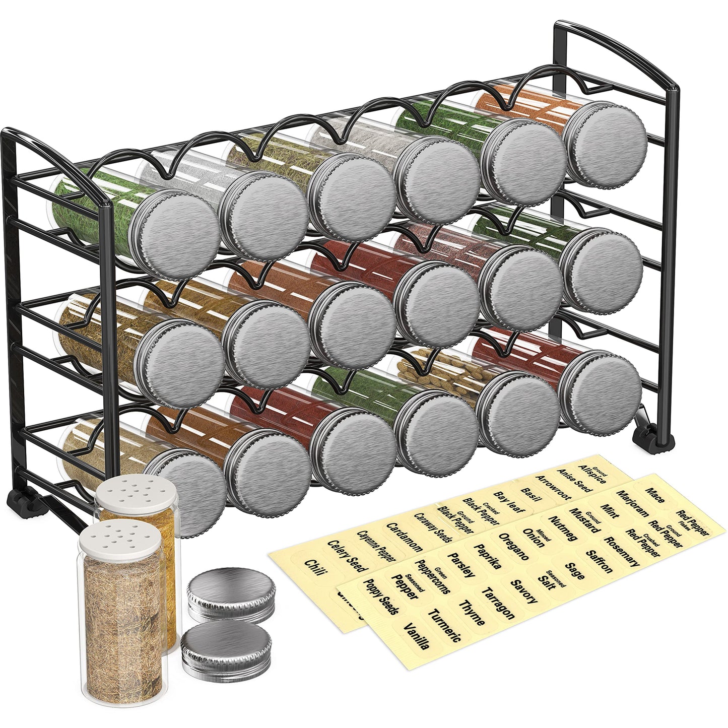 Deco Brothers Spice Rack Organizer with 18 Spice Bottles, 48 Spice Labels Set for Cabinet, Countertop, Pantry, Cupboard, Black