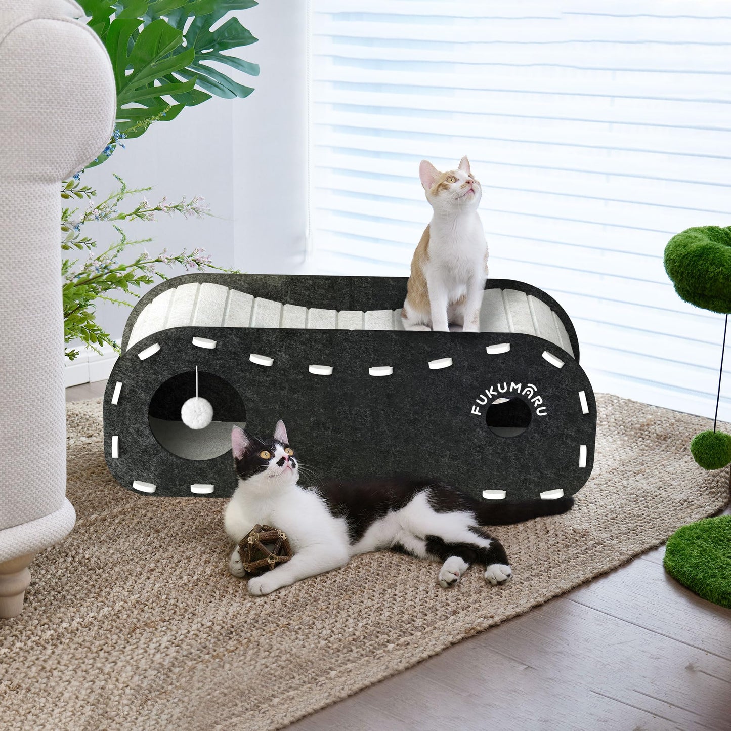 FUKUMARU Cat Beds for Indoor Cats, Large Cat Cave for Multi-Pet Up to 22Lbs, Foldable Cat House with Fluffy Ball Hanging, Scratch Resistant Felt Cat Hideaway, 31.5x11.2x11.6 inches, Black and White