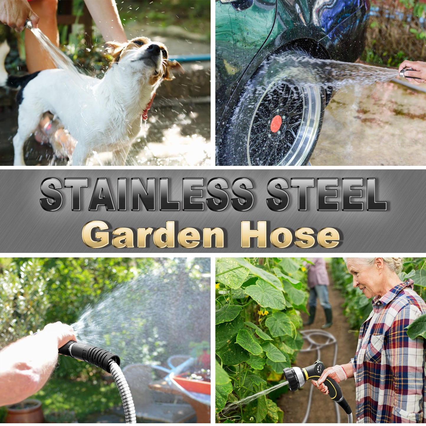 TheFitLife Flexible Metal Garden Hose - Leak and Fray Resistant Design, Stainless Steel Water Hose with Solid Fittings and Sprayer Nozzle, Lightweight Kink Free Durable Easy Storage (100 FT)