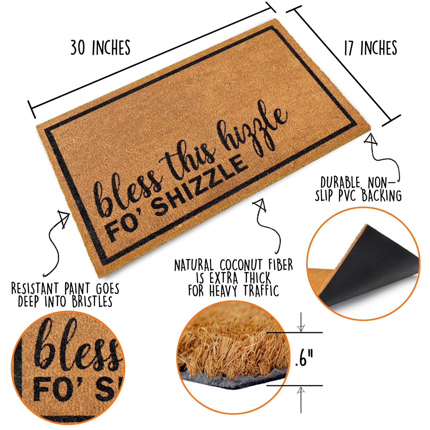 Bless This Hizzle Fo Shizzle Door Mat 30x17 Inch, Funny Doormat for Covered Outside Area, Welcome Mat Coir Decor w/Non-Slip PVC Backing