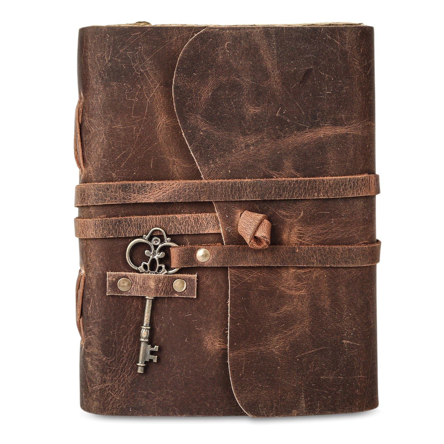 Leather Journal with Deckle Edge Paper 8x6 inch and Vintage Key/Handmade Writing Notebook Diary/Bound Daily Notepad for Men & Women Medium, Sketch/Writing pad for Artists