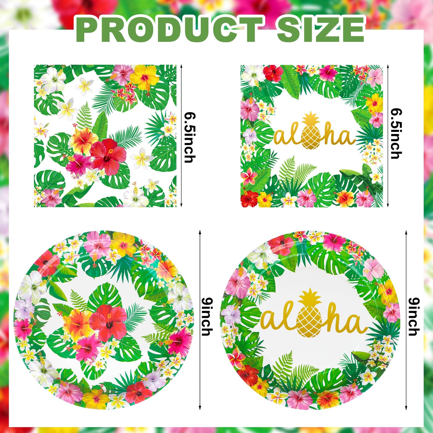 100 Pcs Hawaiian Paper Napkins Plates Tropical Luau Party Supplies 9 Inch Disposable Plates and Party Napkins Tropical Palm Leaf and Hibiscus Aloha Summer Party Tableware Set, Serve for 25 Guests