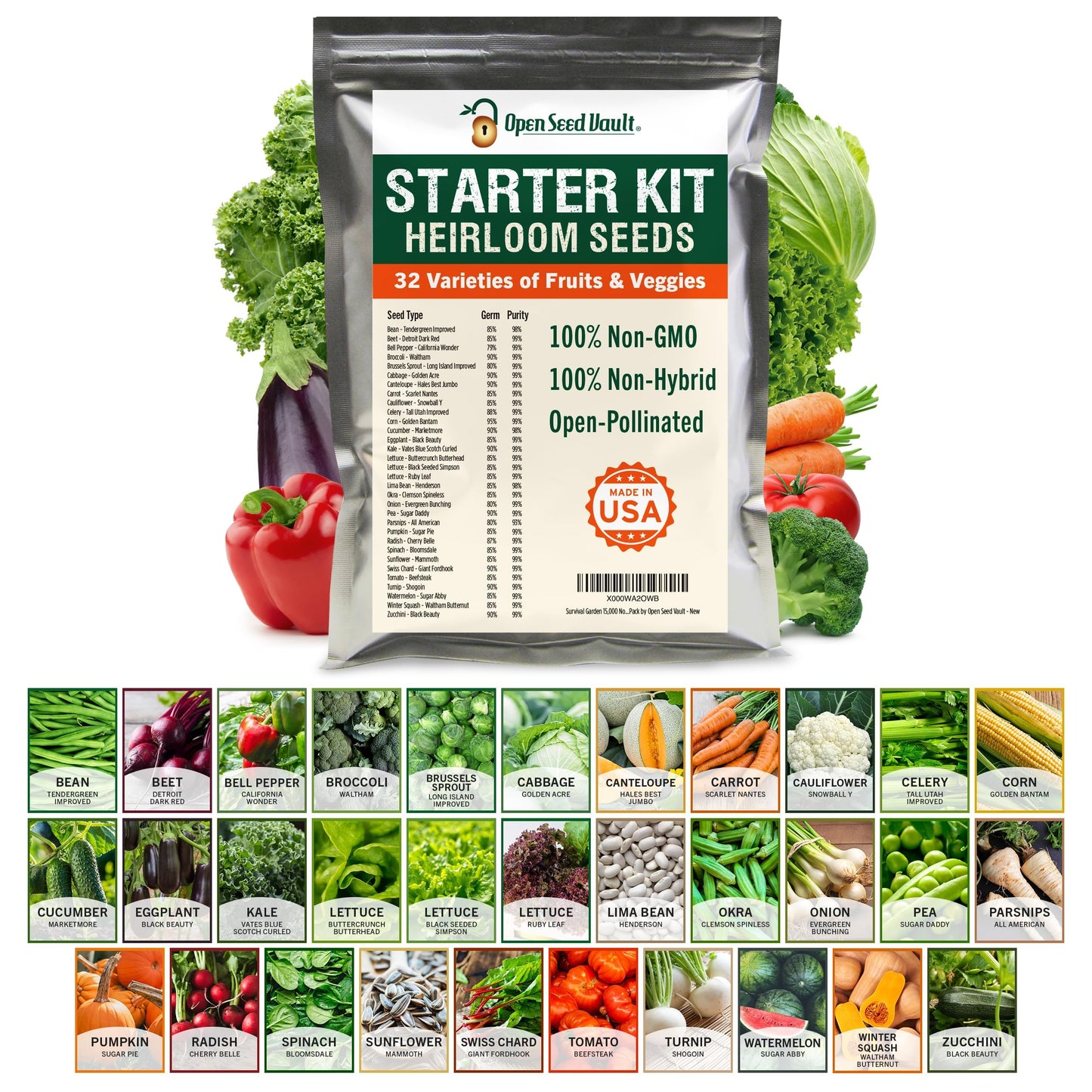 15,000+ Non-GMO Heirloom Vegetable Seeds 32 Variety Pack by Open Seed Vault