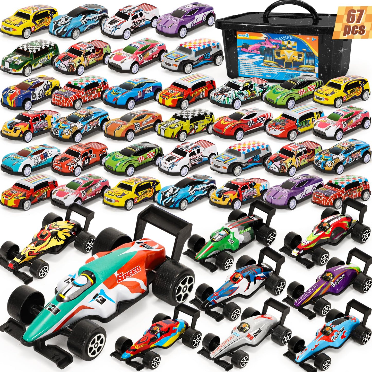 SevenQ Party Favors Toy Cars for Boys with Storage Box, 67Pcs Pull Back Race Cars Bulk, Treasure Box Toys for Classroom Goodie Bag Stocking Stuffers for Kids Toddler Vehicles Mini Fidget Toys