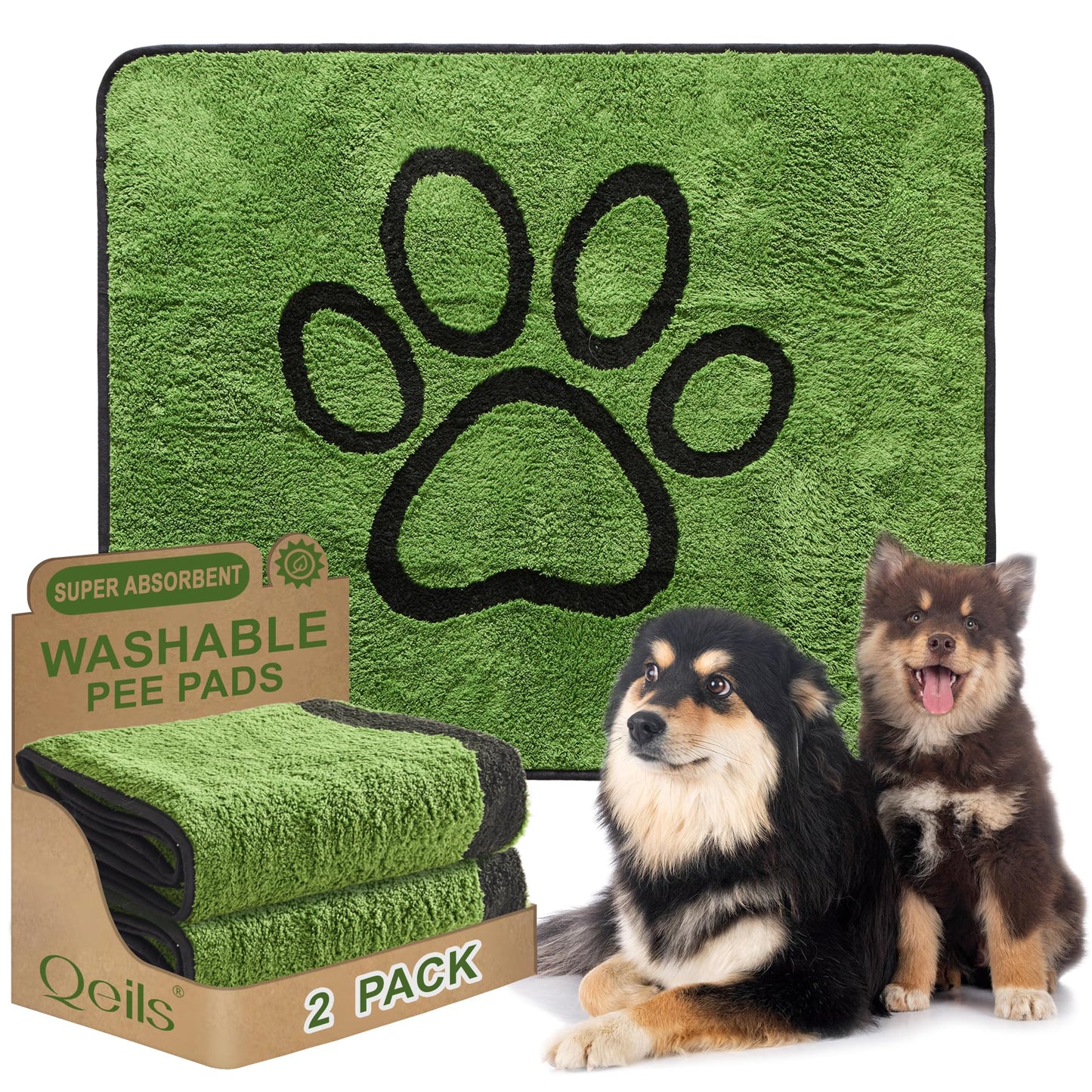 Qeils Reusable Dog Pee Pads, 2 Pack Super Absorbent & Leakproof Washable Puppy Pads with Soft Green Top Layer, for Potty Training, Crates, Couch, Car Seats & Pet Beds, 36"x 41"