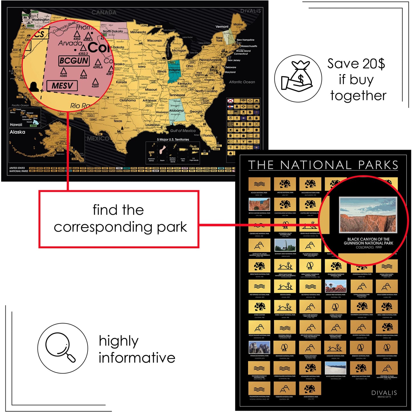 2 in 1 Gift Set - Scratch Off US Map and 63 National Parks Poster - 24x16 Easy to Frame Scratchable United States of America Posters - Globetrotters Wall Map - Black and Gold Travel Tracker