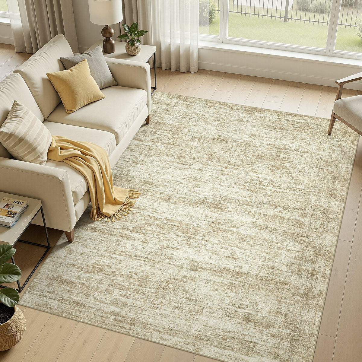 cotiled Large Area Rugs for Living Room 5x7, Machine Washable Rugs with Non Slip Backing Modern Neutral Abstract Rugs Stain Resistant Distressed Carpets for Home Office Decor (5x7 Beige/Brown)