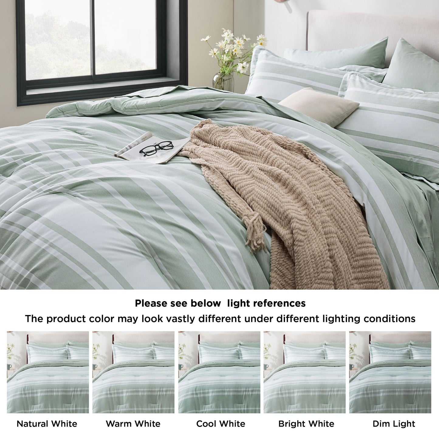 Bedsure Bed in a Bag Full Size 7 Pieces, Sage Green White Striped Bedding Comforter Sets All Season Bed Set, 2 Pillow Shams, Flat Sheet, Fitted Sheet and 2 Pillowcases