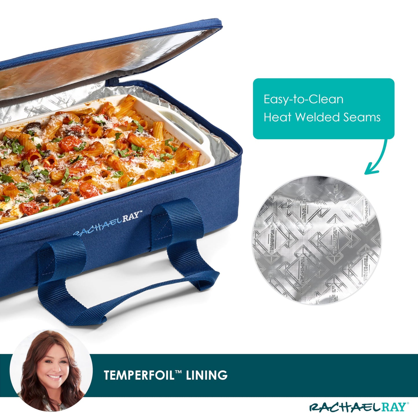 Rachael Ray Lugger Duo, Insulated Casserole Carrier for Hot or Cold Food, Thermal Lasanga Lugger Tote for Pockluck, Parties, Picnic, and Cookouts, Fits 9" x 13" Baking Dish, Navy Gingham