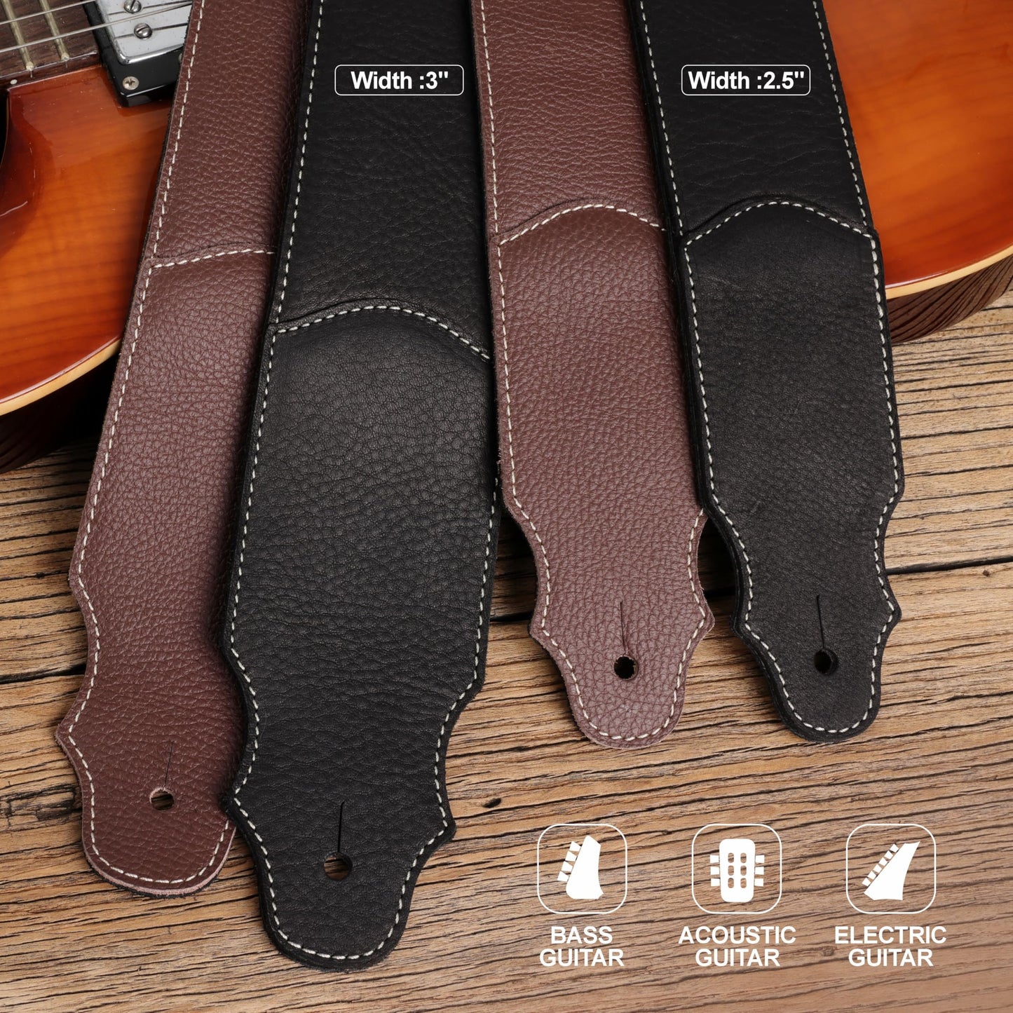 YIKOKO Guitar Strap, 3" Wide Soft Head Layer Cowhide Leather Guitar Straps with Foam Padding, for Acoustic, Bass and Electric Guitars