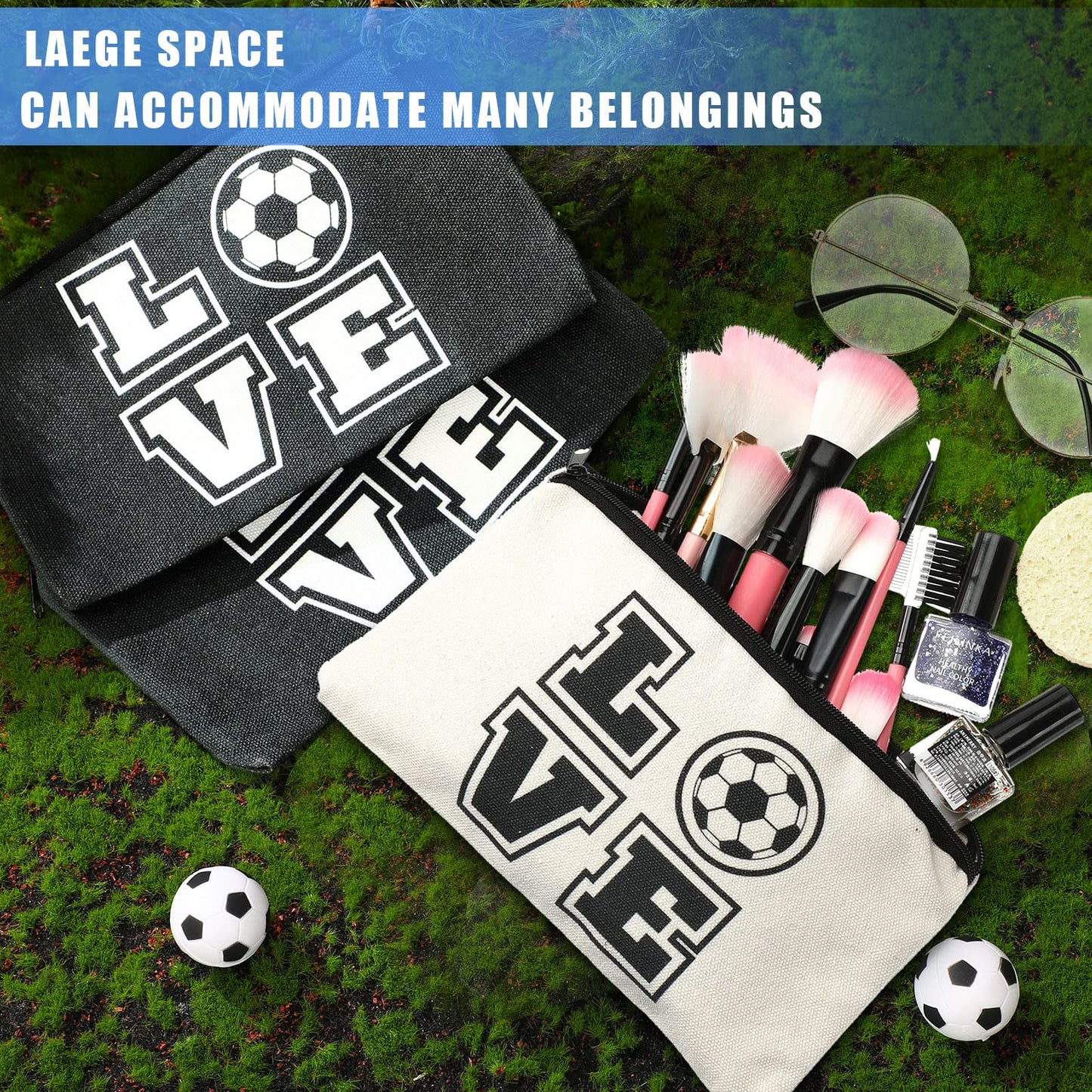 20 Pieces Soccer Makeup Bag Gifts Soccer Cosmetic Travel Bag with Words Toiletry Zipper Pouch Portable for Women Football Lover Players Team Accessories