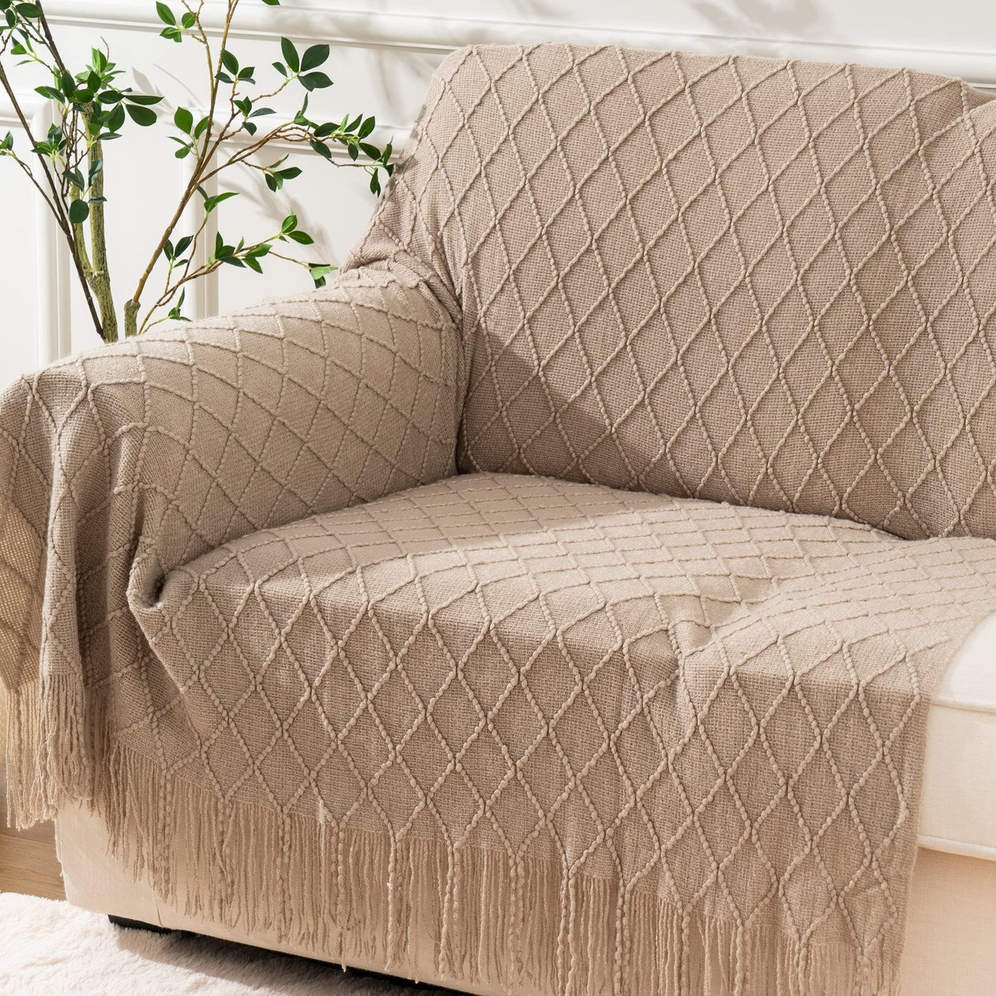 BATTILO HOME Beige Throw Blanket for Sofa Couch Office Living Room Home Decor Lightweight Textured Soft Cozy Knit Throw with Tassels Suitable All Seasons 50"x60"