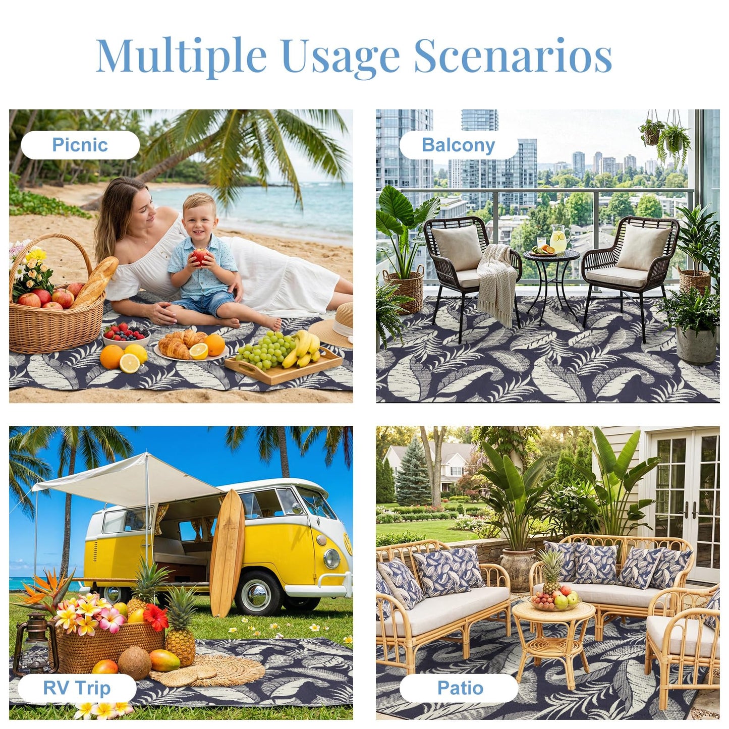 OPPODREAM Reversible Outdoor Rug 5x7, Waterproof Outdoor Plastic Straw Rug for Patio, Tropical Leaf Spring Camping Rugs for Outside, Deck, Backyard, Camping, Balcony, Porch, Rv, Navy and Beige