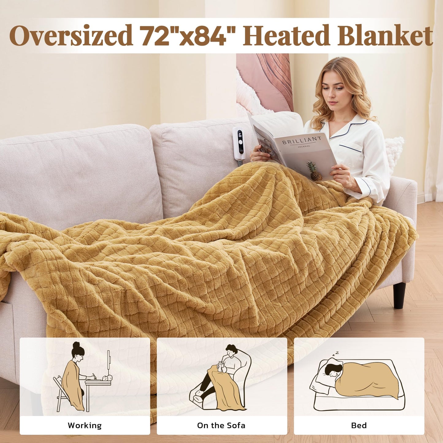 CURECURE Heated Blanket Full Size 72"x84", Soft Warm Faux Rabbit Fur Electric Blanket with 6 Heating Levels, 10 Hours Auto-Shutdown, Fast Heating, Home Use, Machine Washable, Gifts for Adults, Khaki