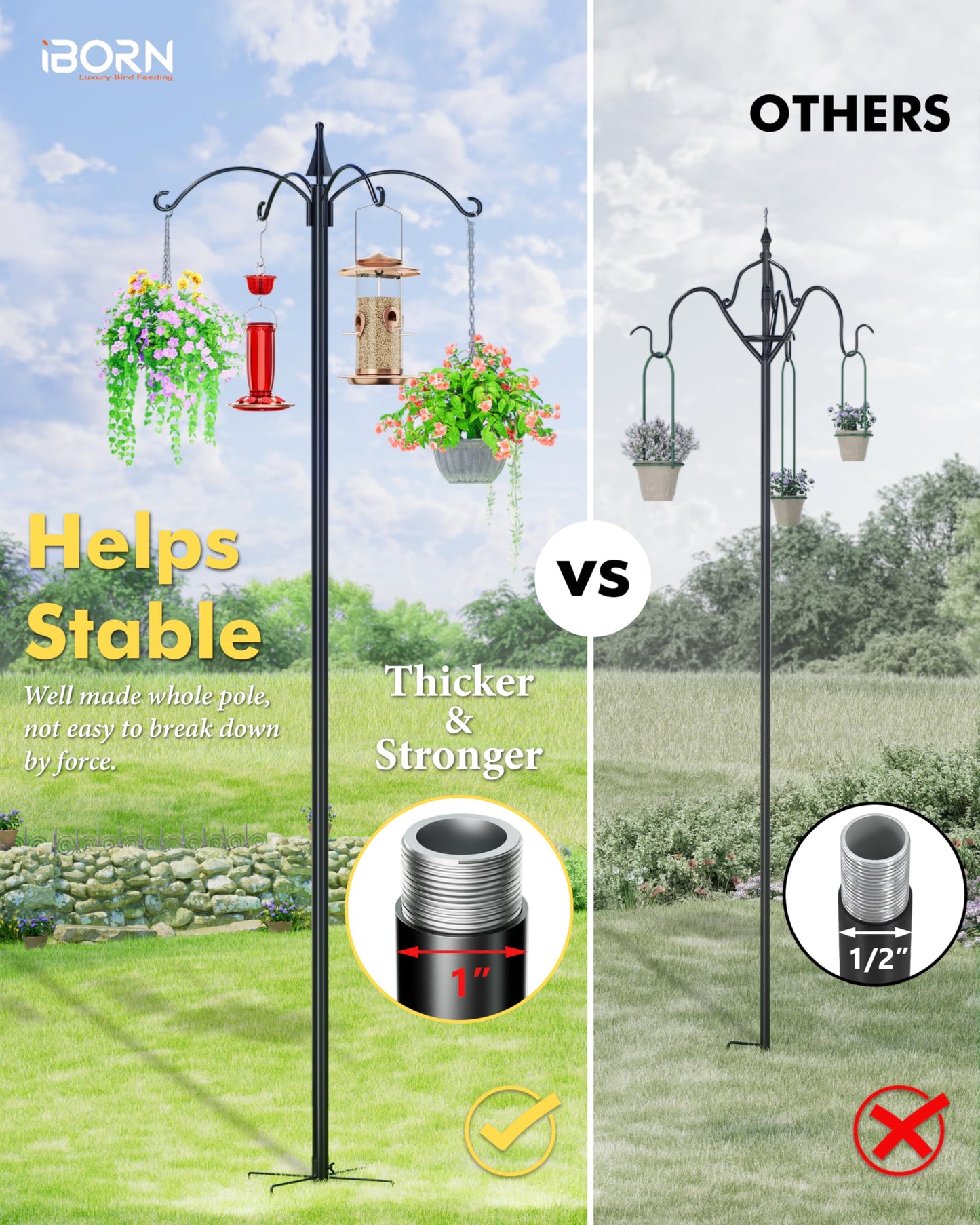 iBorn 1“ Thickness Shepherds Hooks for Outdoor Bird Feeder Pole 78" Height Wild Bird Feeder Stand Shepherds Hook for Hummingbird Feeder, 4 Top Hooks,5 Base Prongs (Feeders NOT Included)