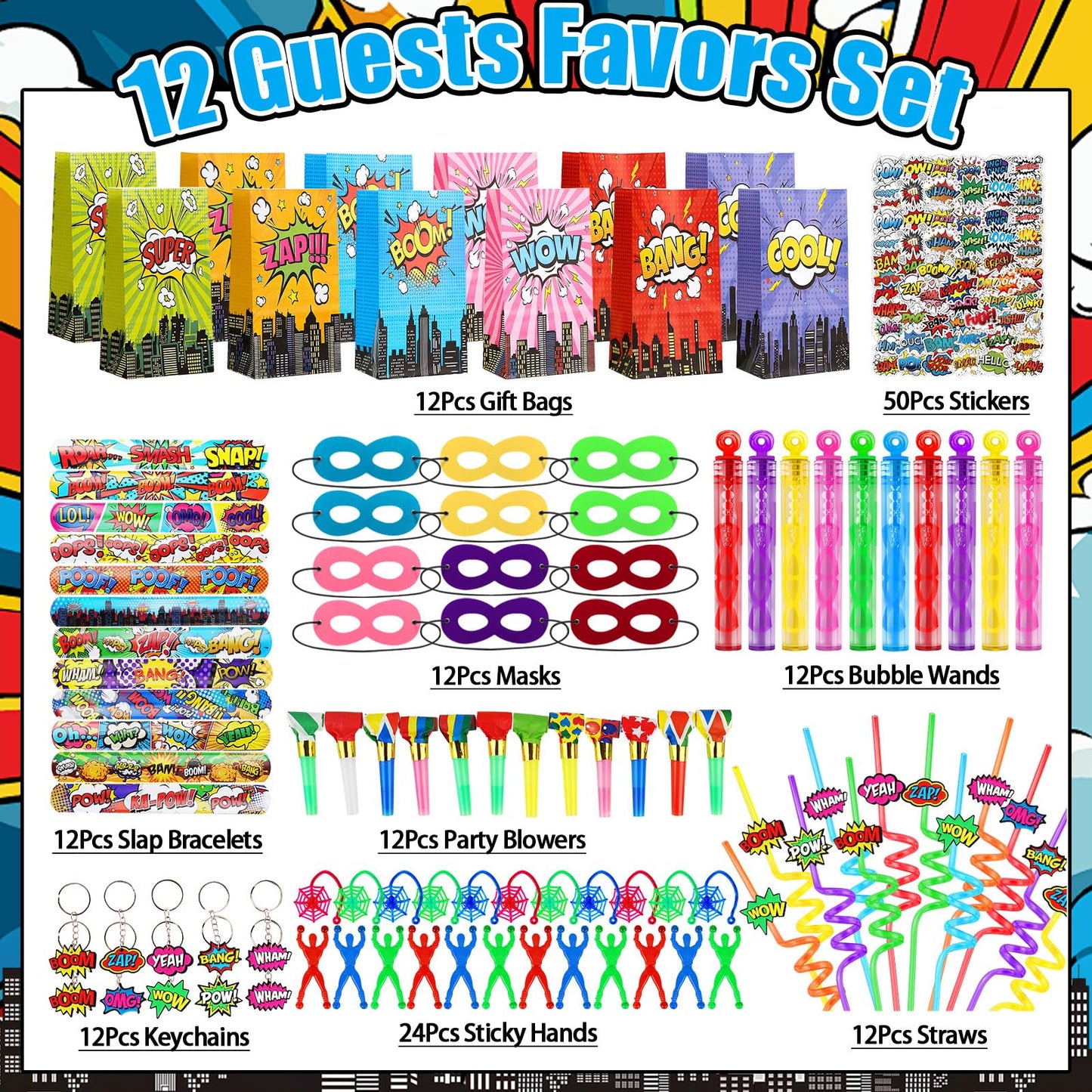 158Pcs Hero Party Favors - 12 Guests Set, with Goodie Bag Mask Straw Slap Bracelets Keychain Party Blowers Stickers Sticky hands for Birthday Decorations & Pinata Fillers