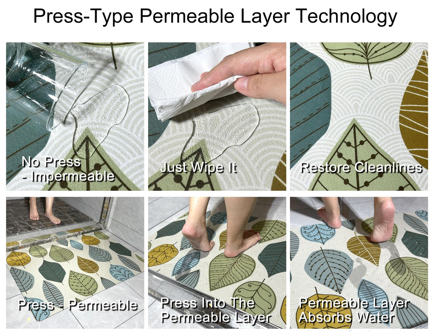 Cosilyt 1/10 Inch Ultra Thin 24"×35" Large Front Door Mat Indoor Entrance Inside Non Slip, Waterproof Rubber Kitchen Mat and Interior Home Washable Door Mat, Multi Leaves