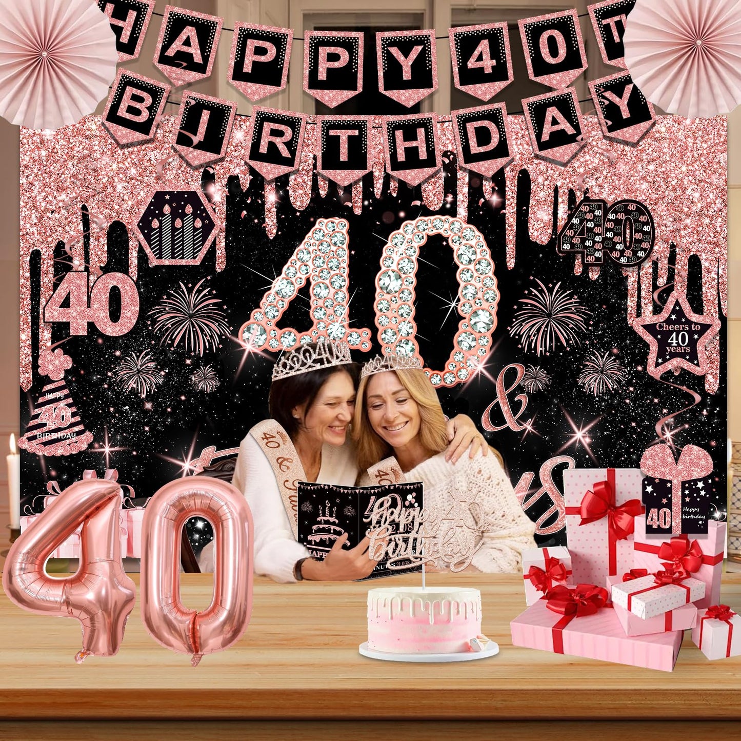 40th Birthday Decorations for Women,32pcs 40th Birthday Party Decorations,Including Backdrop, Crown,Sash,banner, Hanging Swirl,Cake Topper,balloons,Paper Fans,Anniversary Card and paper fans