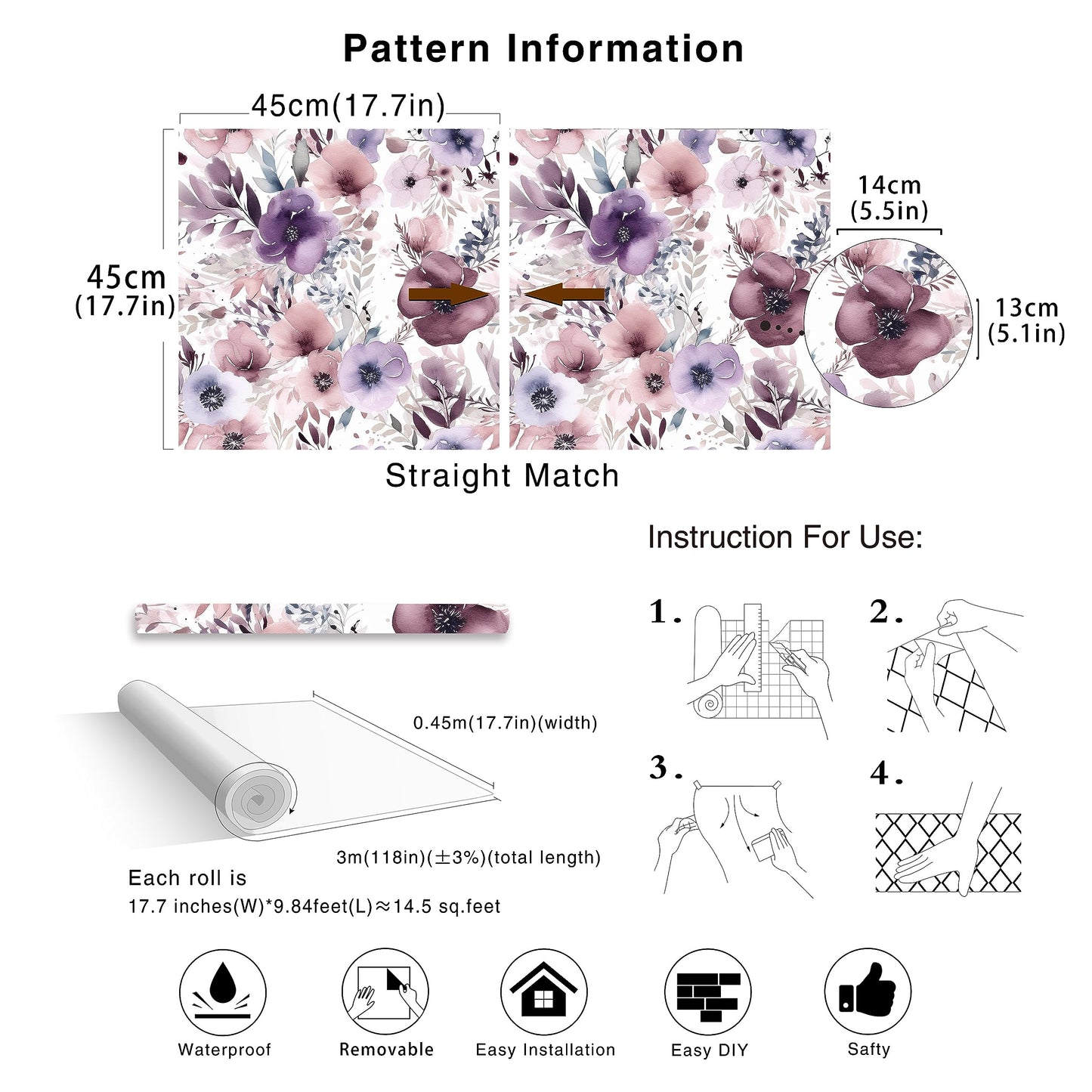 HAOKHOME Floral Peel and Stick Wallpaper Removable Wall Paper Mauve/Purple/White Vinyl Stick on Wall Contact Paper 44.5cm x 3m