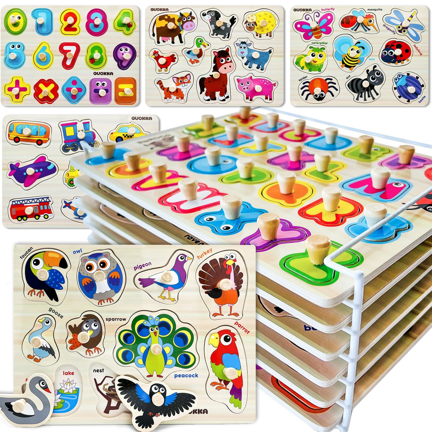 QUOKKA Wooden Puzzles for Toddlers 1-3 - 6 Alphabet Toddler Puzzles 3-5 Years Old - Gift ABC Learning Toys for Boys and Girls - Wood Pegged Games Kids 2-3