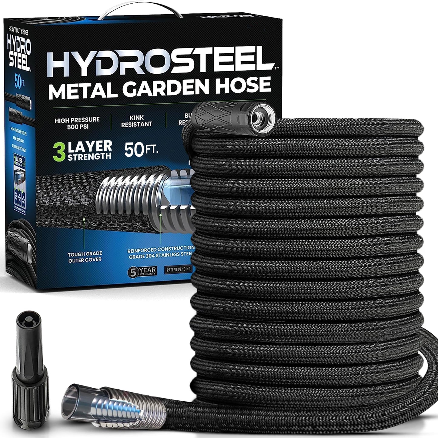 Hydrosteel 50 Ft Garden Hose, 3 Layer Stainless Steel Metal Water Hose 50Ft, Heavy Duty Flexible Lightweight Crush/Kink Resistant, Tangle Free Non Expandable Garden Hose 500 PSI AS SEEN ON TV