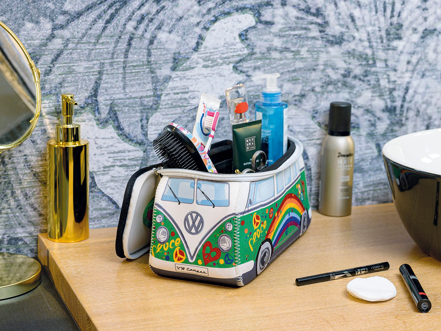 BRISA VW Collection - Volkswagen Neoprene Universal Makeup Cosmetics Toiletry Travel Pharmacy Bag in T1 Bus Design (Peace/Green) (Large (30 x 14 x 12 cm))