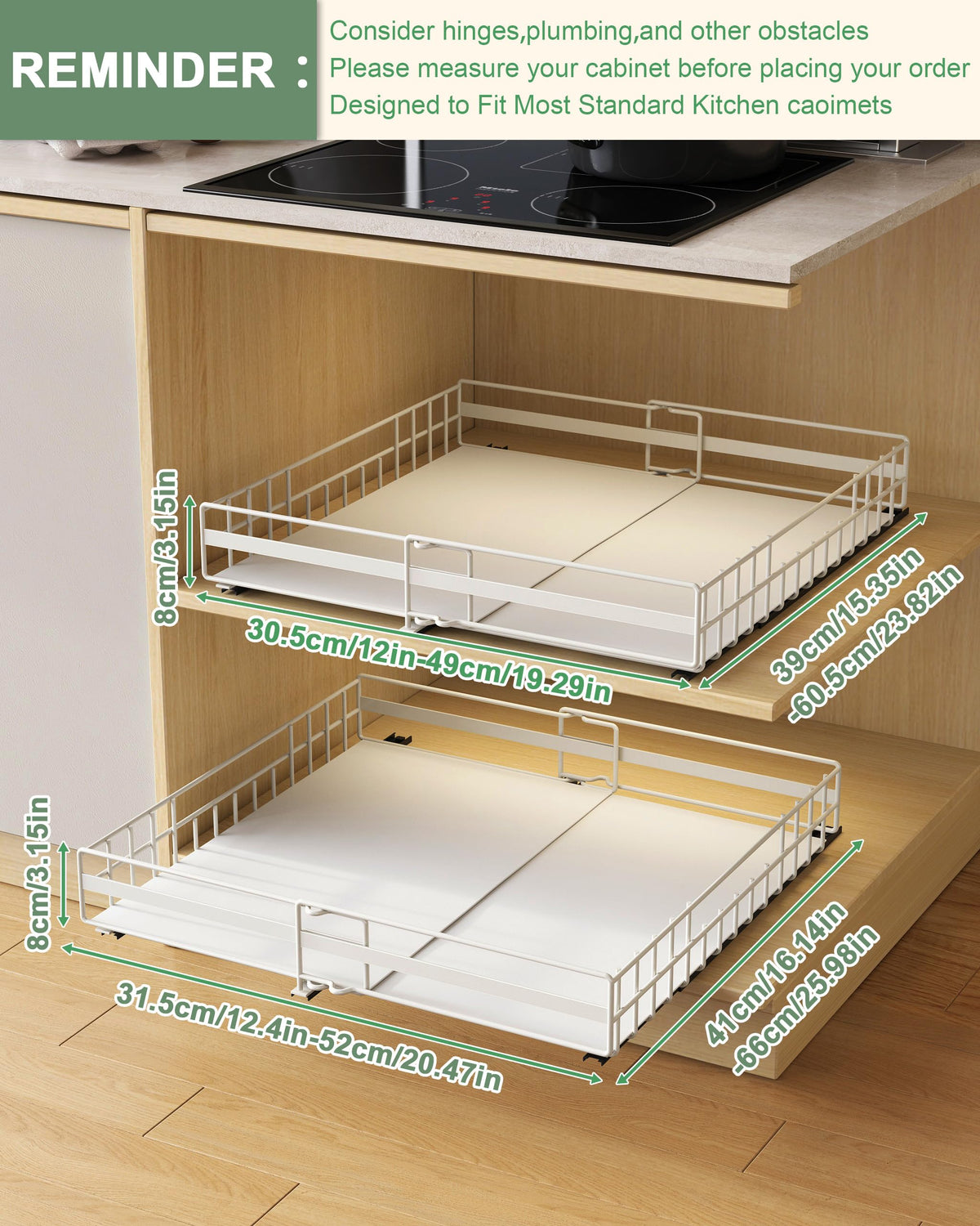 UMDONX 2 Pack Expandable Pull Out Cabinet Organizer Drawers Kitchen Cupboard Storage, No Drill Sliding Rack Adhesive Pantry Shelf (Durable Metal White Load 65LBS)