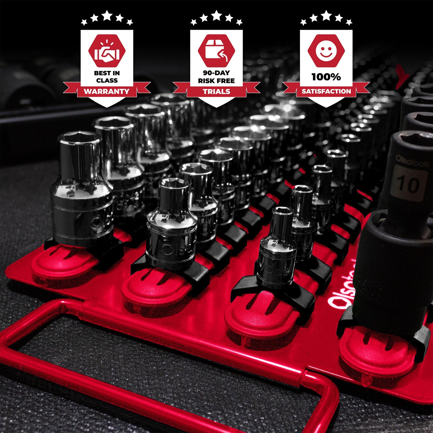 Olsa Tools Socket Organizer Tray - Red Rails with Black Clips - Holds up to 80 Sockets - Professional Tool Storage Rack - Part: 1047
