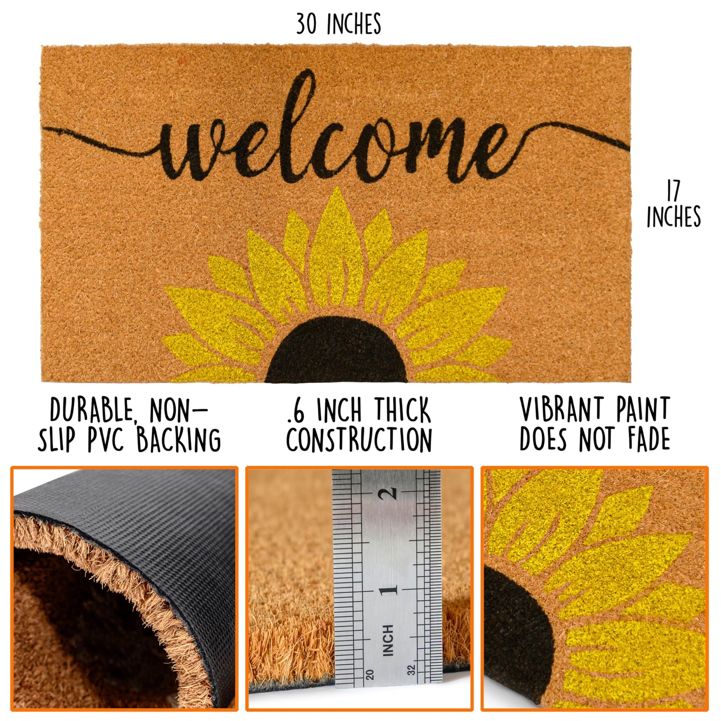 Sunflower Welcome Mat 30x17 Inch, Sunflower Door Mat for Covered Outdoor Area, Spring Doormat w/Non Slip-PVC Backing