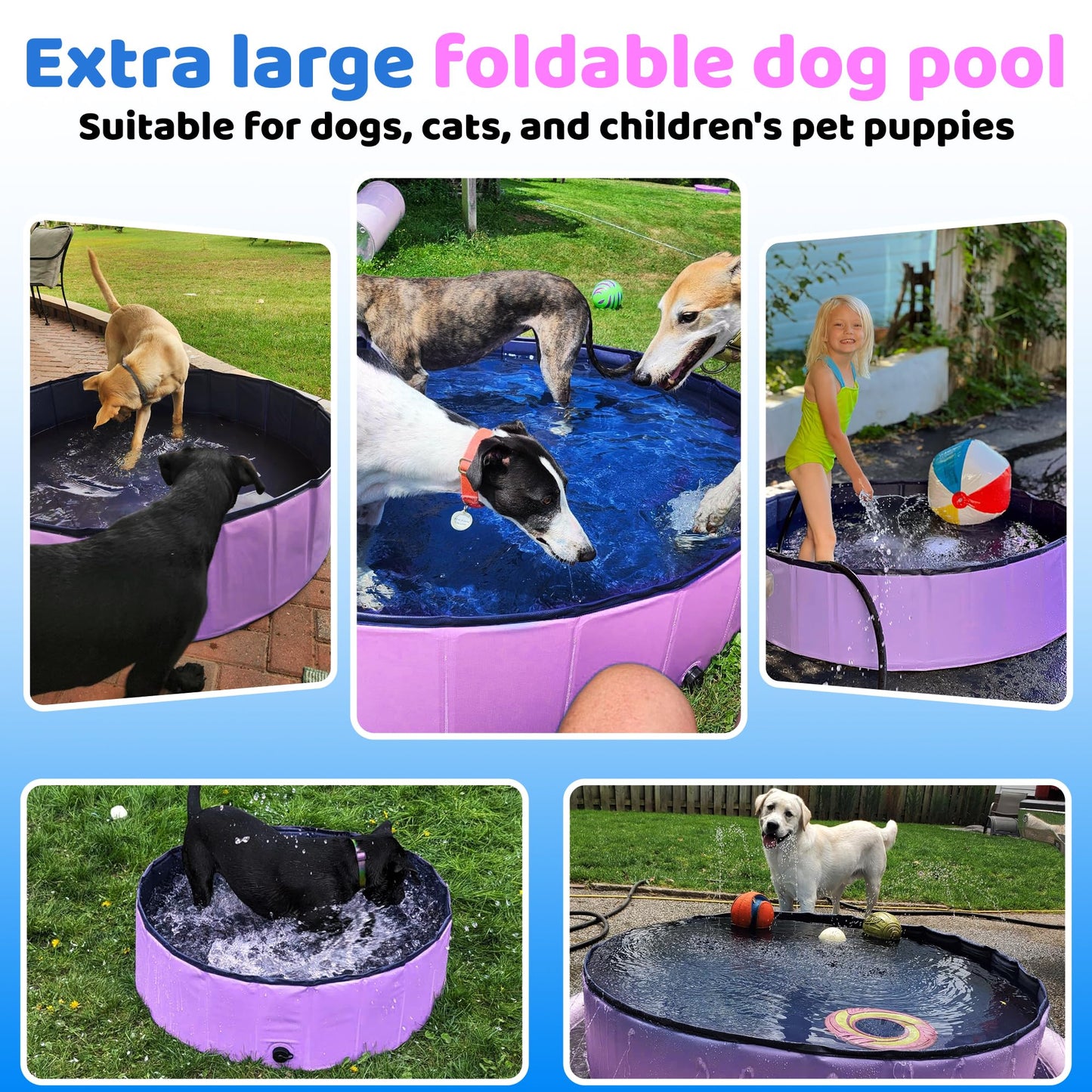 CACSPS Foldable Dog Pool, 87" x 12" Kiddie Pool with Hard Plastic, Non-Slip Dog Bath Tub for Outdoor Backyard, Collapsible Dog Swimming Pool for Kids Dogs Pets (Pink)