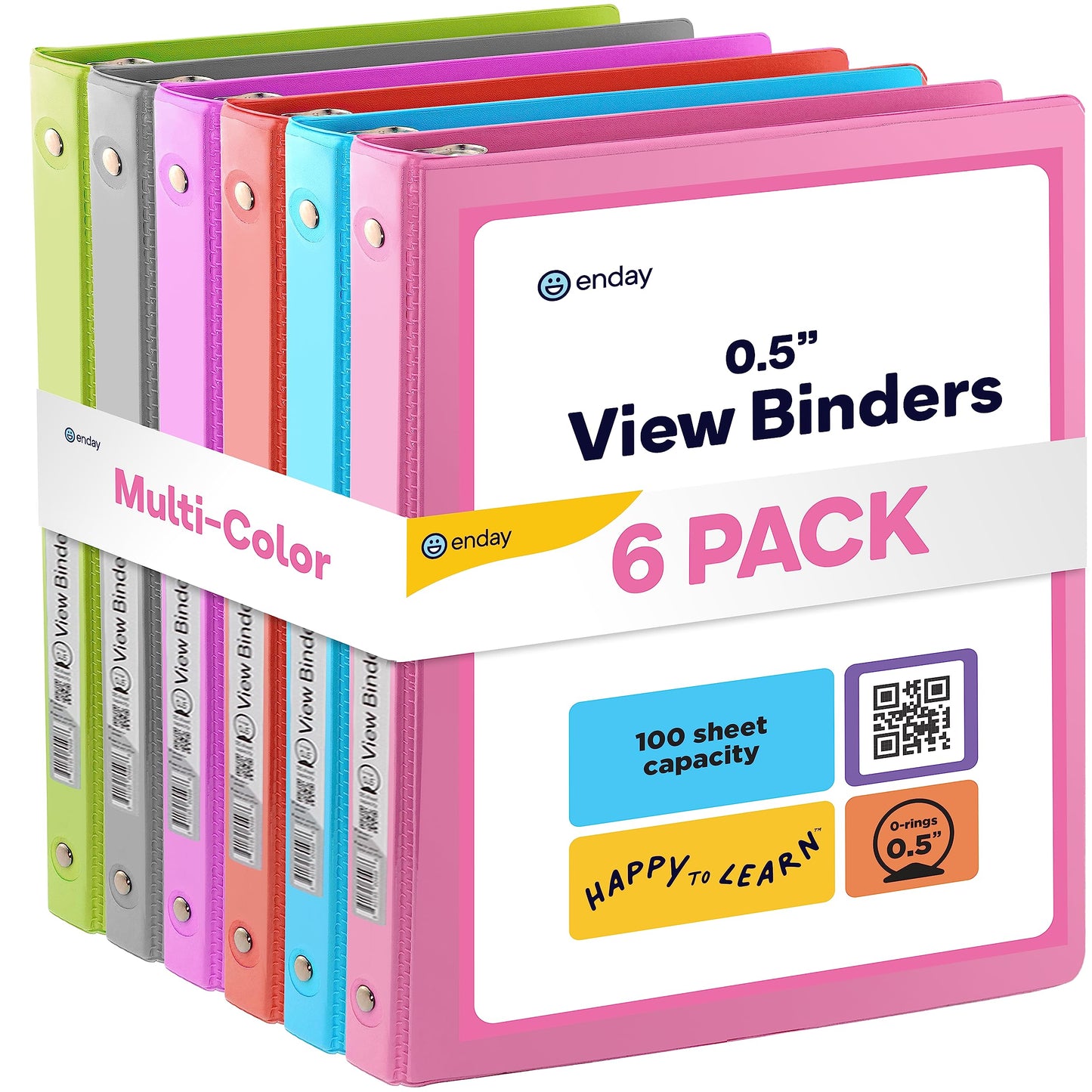 ½ Inch 3 Ring Binder .5 inch Clear View Cover with 2 Inside Pockets, Colored School Supplies Office and Home Binders, Multicolor (6 Pack) – by Enday