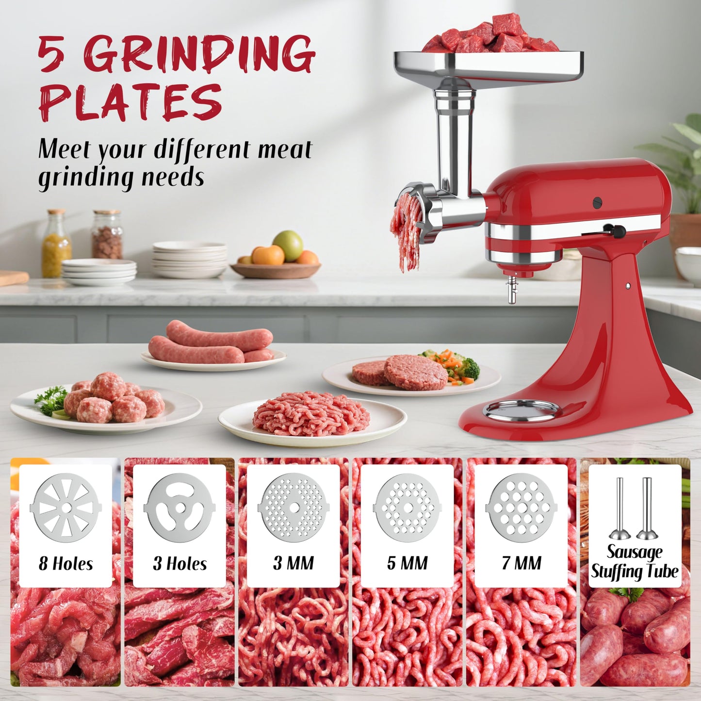 Metal Food Grinder Attachment for KitchenAid Stand Mixer and Cuisinart Mixer SM-50Series,Meat Grinder,Durable Attachment for KitchenAid Mixers,Sausage Stuffer,5 Grinding Plates,2 Grinding Blade