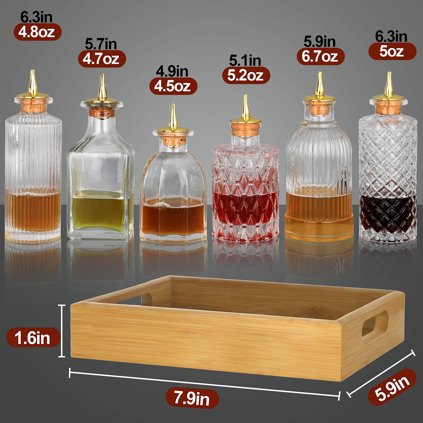 Bitters Bottle Set of 6 - Glass Dasher Bottles to Store and Dash Cocktail Bitter Ingredients Dispenser Bottles with Dash Top and Stoppers with Tray