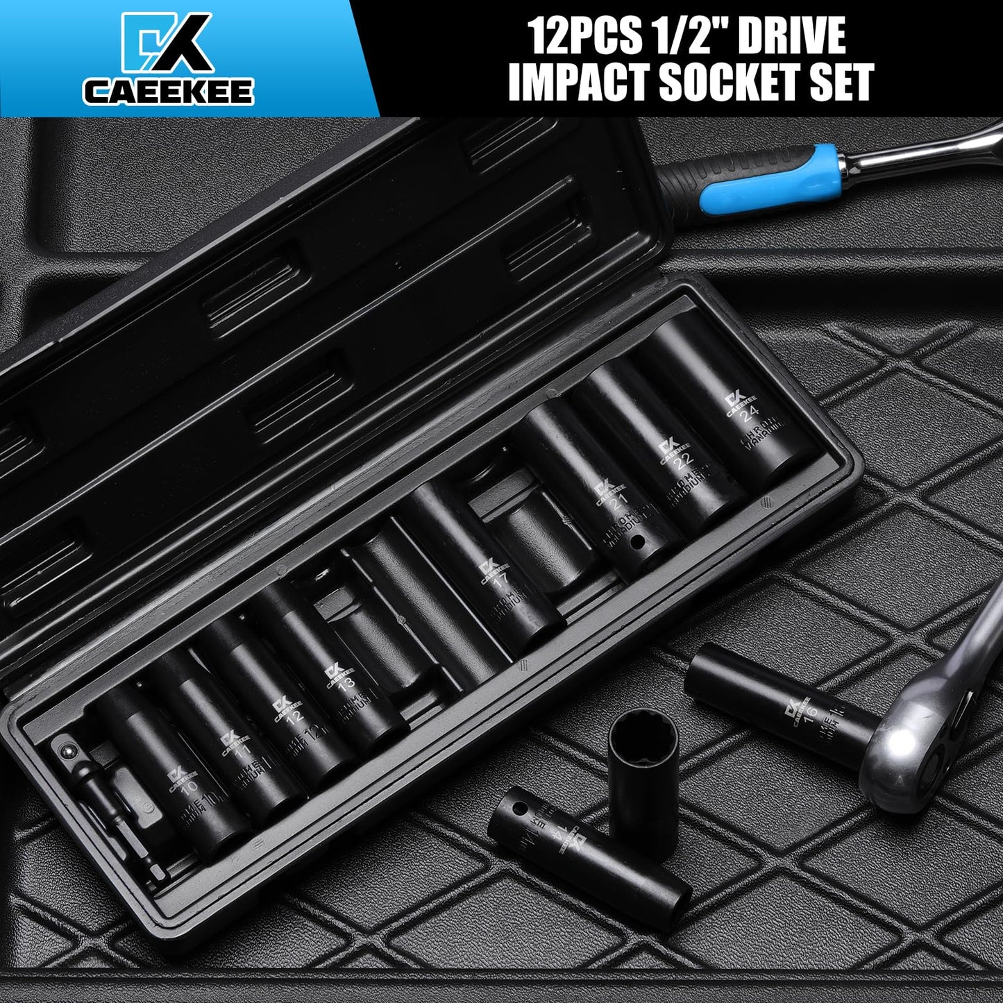 CaeeKee 12-Piece 1/2" Drive Deep Impact Socket Set, Metric (10mm - 24mm), 12-Point, Cr-V Steel, Includes Drill Socket Adapter
