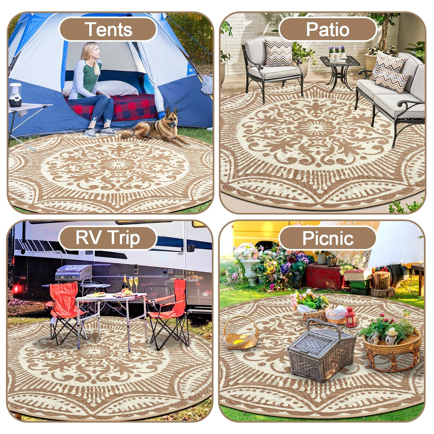 Capslpad 6'x6' Outdoor Rug for Patio Clearance Reversible Mats Round Portable Plastic Straw Carpet Waterproof Boho Indoor Outside Area Rugs for RV Camping Picnic Pool Tent Balcony Beach, Brown&Beige