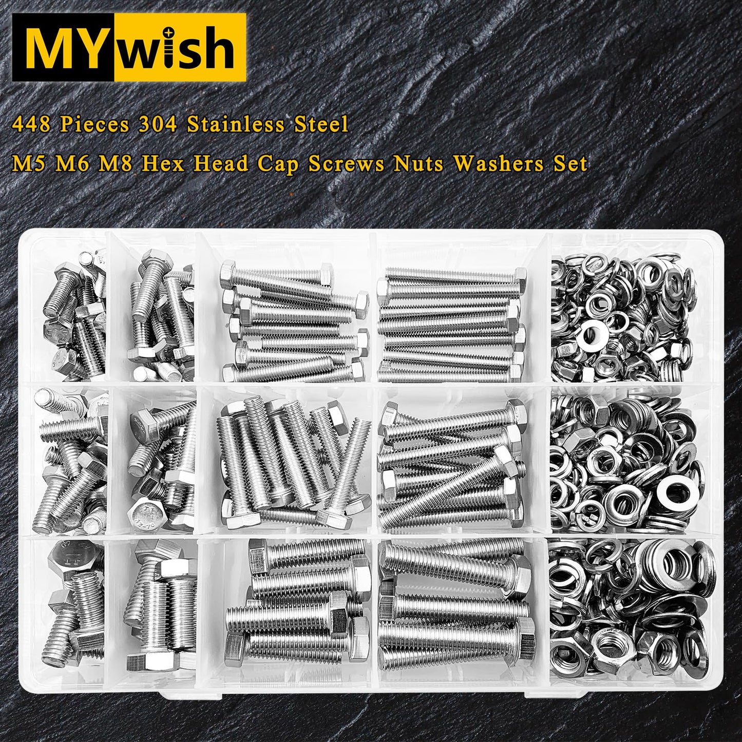 Mywish 448PCS M5 M6 M8 Bolt Screw Set, Metric Bolt Assortment, 304 Stainless Steel, Nut and Bolt Set Flat & Spring Washers, Hex Head Cap Screws Bolts and Nuts Kit, Fully Thread