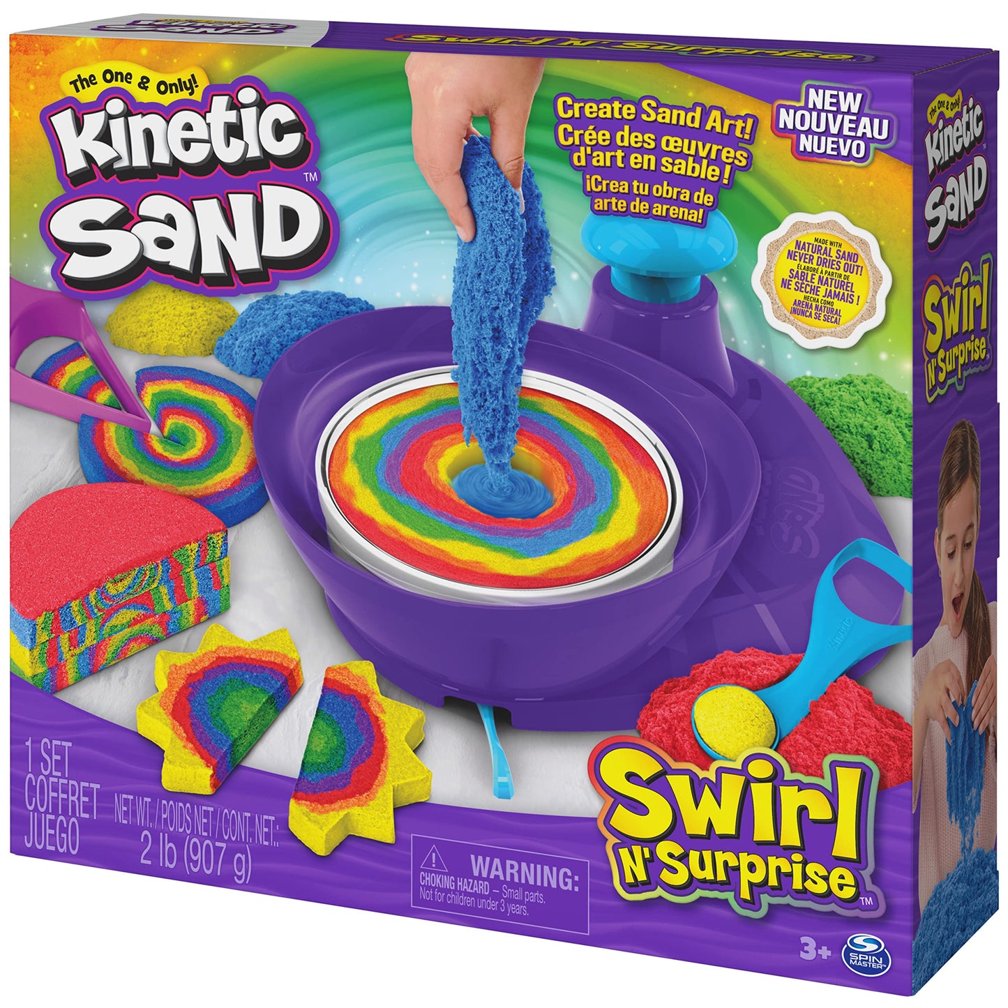 Kinetic Sand, Swirl N’ Surprise Playset with 2lbs of Play Sand, Including Red, Blue, Green, Yellow and 4 Tools, Sensory Toys for Kids Ages 3 and up