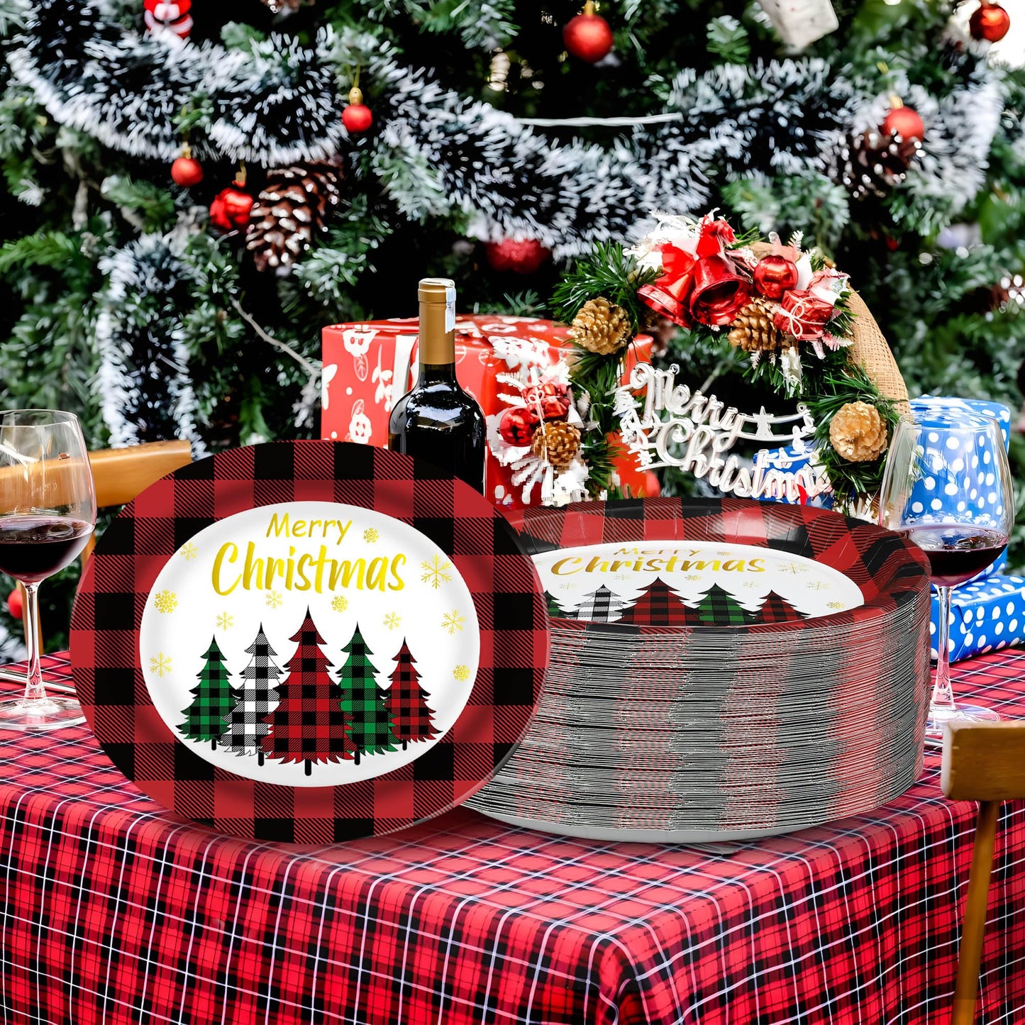 Christmas Paper Platters Disposable Christmas Trees Oval Party Plates 10" x 12" Large Buffalo Plaid Xmas Dinner Serving Platters for Xmas Party Supplies Dinnerware Table Decorations, 50 Pcs