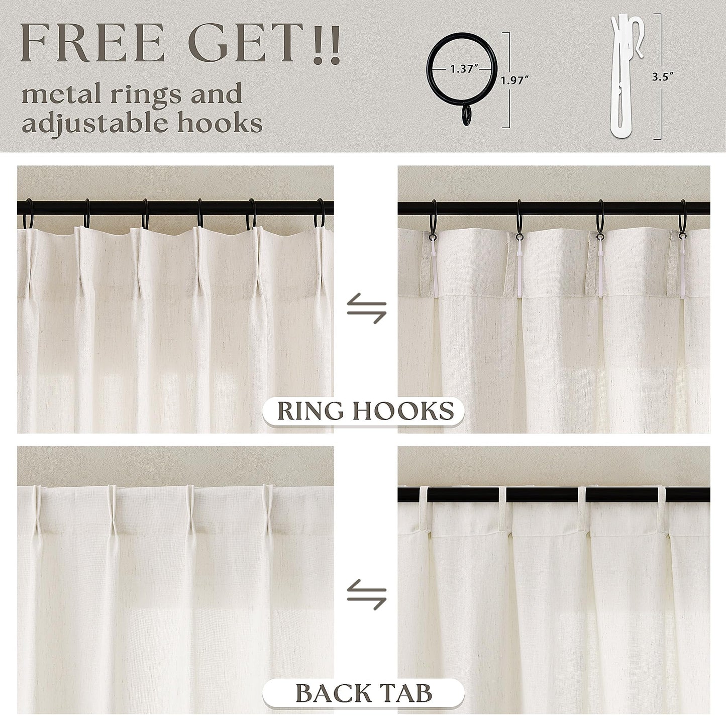 Natural Pinch Pleated Linen Curtains 90 Inches Long for Living Room Pleat Drapes Hooks Rings Back Tab Neutral Cream Ivory Semi Sheer Pleated Curtain 90 Inch Length for Bedroom Dining Office 1 Panel