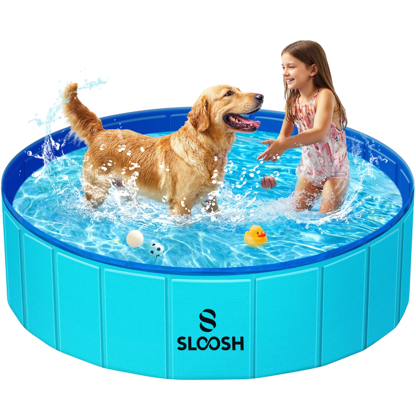 SLOOSH Foldable Dog Kiddie Pool - Portable Hard Plastic Doggie Swimming Pool, Anti-Slip Collapsible Pets Bath Tub Suitable for Kids Toddler Indoor Outdoor Backyard Use (48" x 12", Blue)