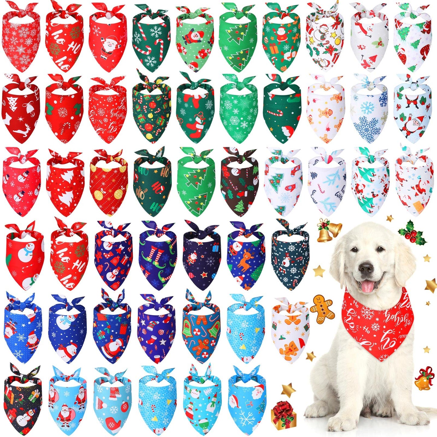 Kigeli 50 Pieces Christmas Dog Bandanas Bulk Dog Kerchief Set Bibs Triangle Scarf Bandanas with Christmas Patterns for Pet Party Costume Accessories Decoration(25.6 x 17.7 x 17.7 Inch)