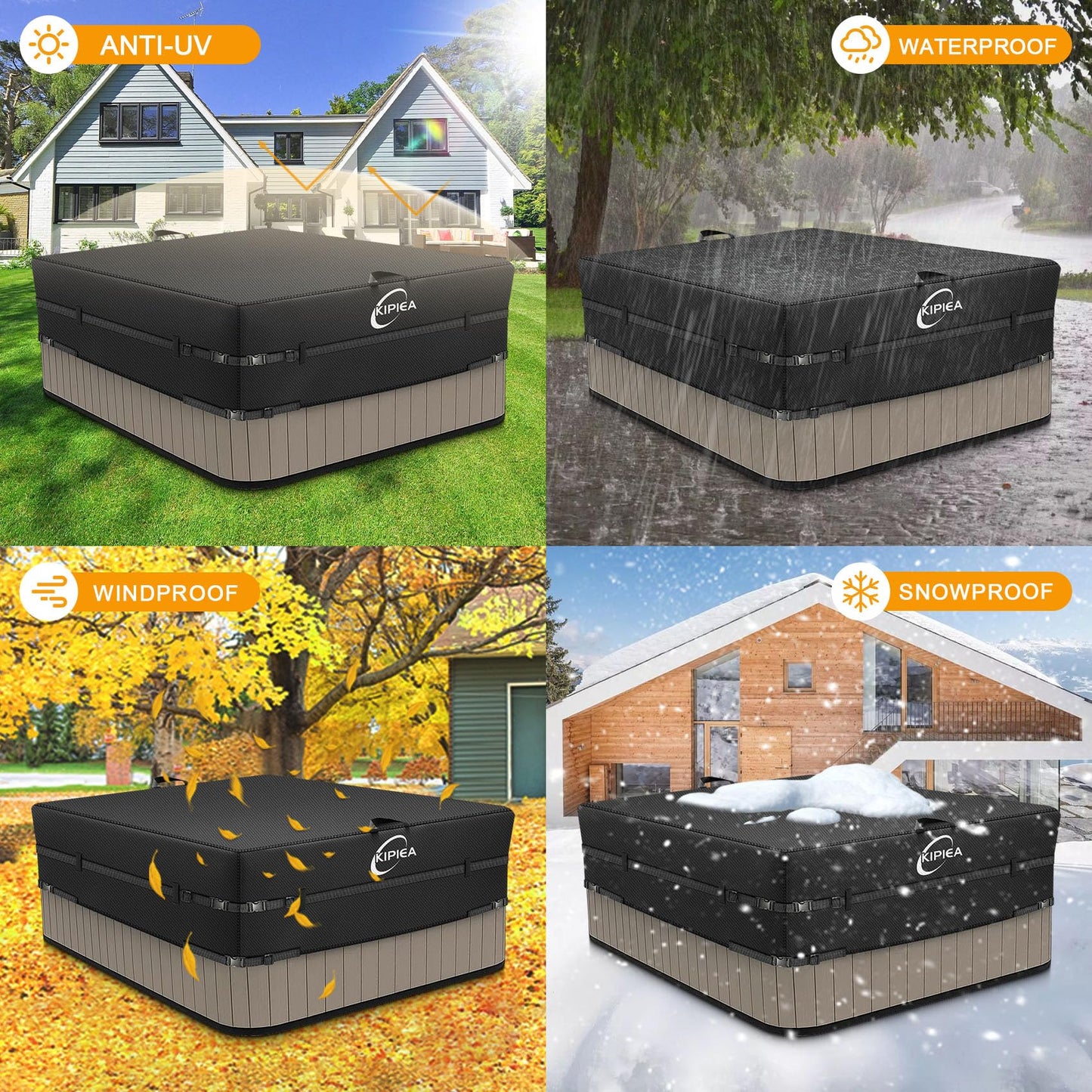 Kipiea 600D Outdoor Waterproof Square Hot Tub Cover Protector, Heavy Duty Polyester SPA Cover UV Protection Cover 76" L x 76" W x 20" H, Black