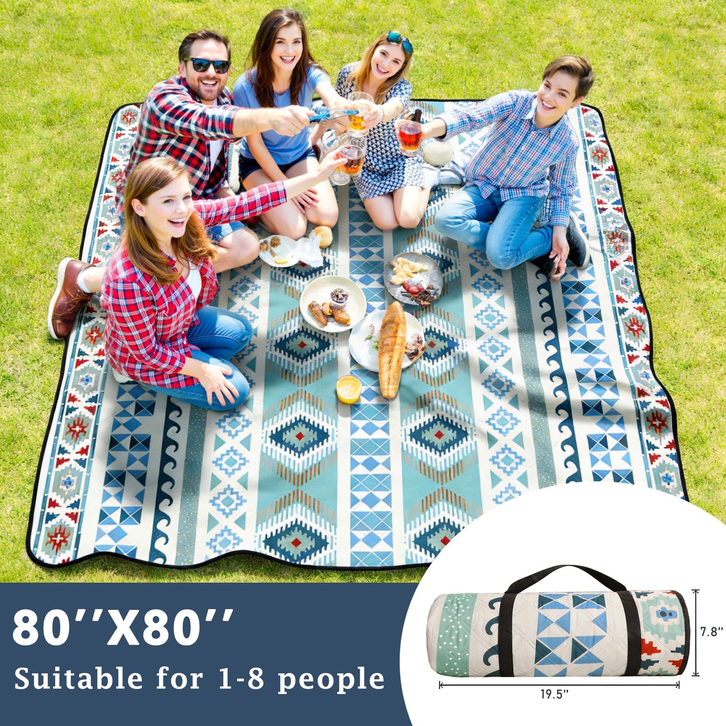 SAMSIER Large Outdoor Picnic Blankets Waterproof Foldable, Beach Blanket Sandproof Portable, Picnic Mat Washable (Thickened, 80"×80")
