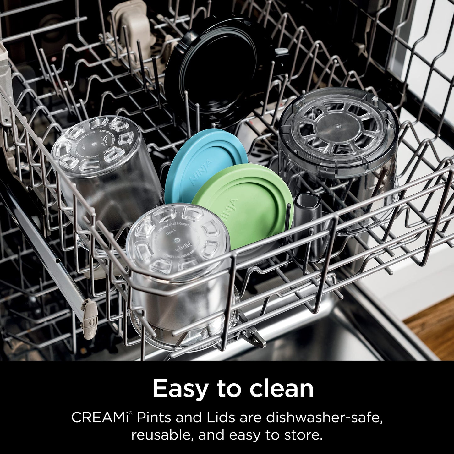 Ninja XSKPLD4BCD 4 Pack, Compatible with NC299AMZ & NC300s Series Creami Ice Cream Makers, BPA-Free & Dishwasher Safe, Color Lids, 1 Pint Each, Clear/Grey/Lime/Pink/Acqua