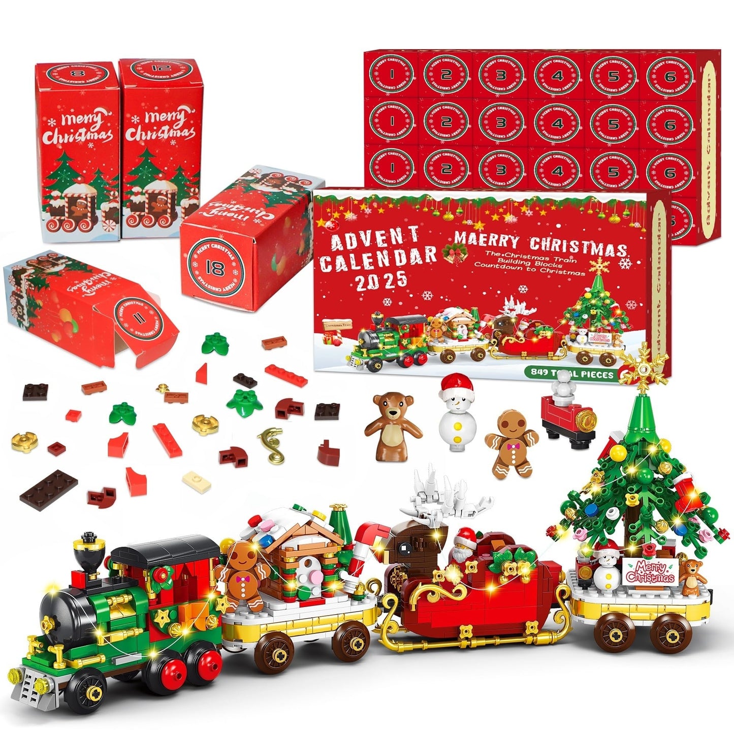 Advent Calendar 2025 Christmas Train Building Set with Lights, 24 Boxes Christmas Countdown Surprise Blocks Compatible with Lego, Xmas Gifts for Kids Adults (849PCS)